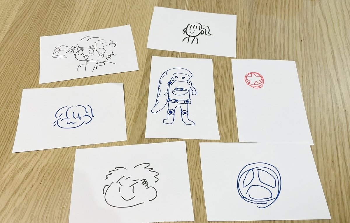 スシグルマー、ブンレッド、ブンブルー、ミラ、錠、玄蕃の手書きイラスト