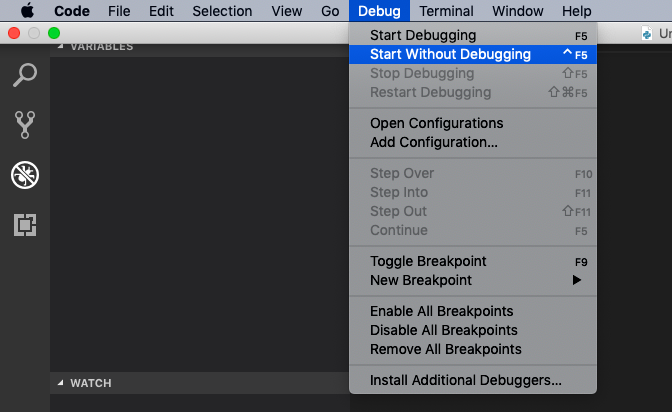 「Debug(デバッグ)」→「Start Without Debugging(デバッグなしで実行)」