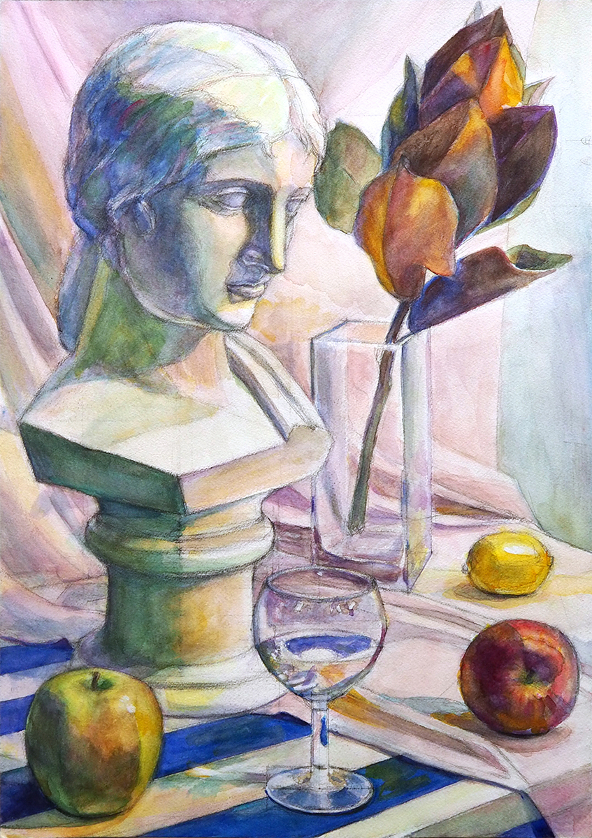 水彩画「少女像のある静物4B」 - ふくろう絵本屋