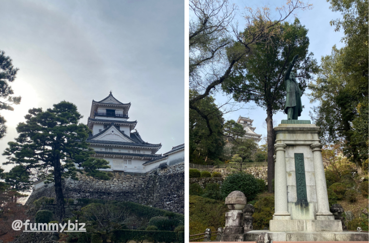 高知城と板垣退助像