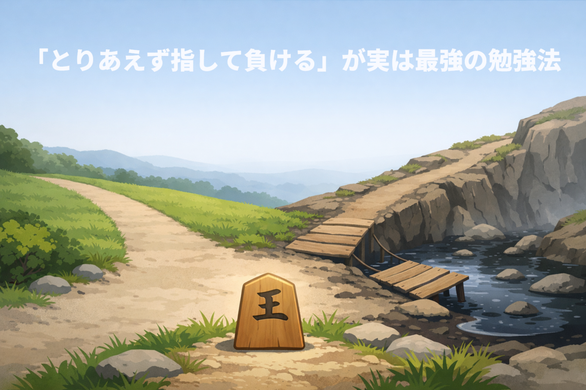 分かれ道の前で将棋の王将が立ち止まっているイメージ。安全そうな道と少し険しい道が分岐するブログ用アイキャッチ画像