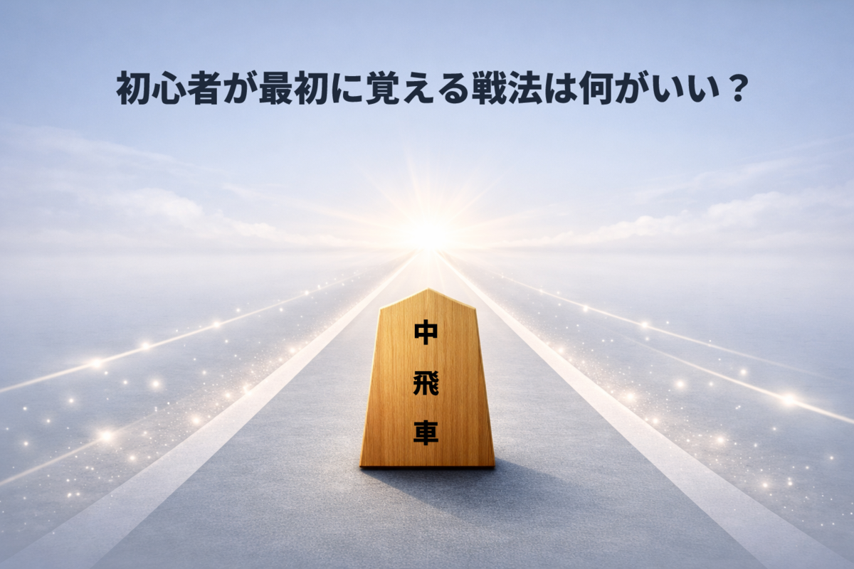 木製の将棋駒の前に一本道がまっすぐ伸び、明るいゴールへ向かうことで、初心者におすすめの戦法と進みやすさを比喩的に表現した横長画像