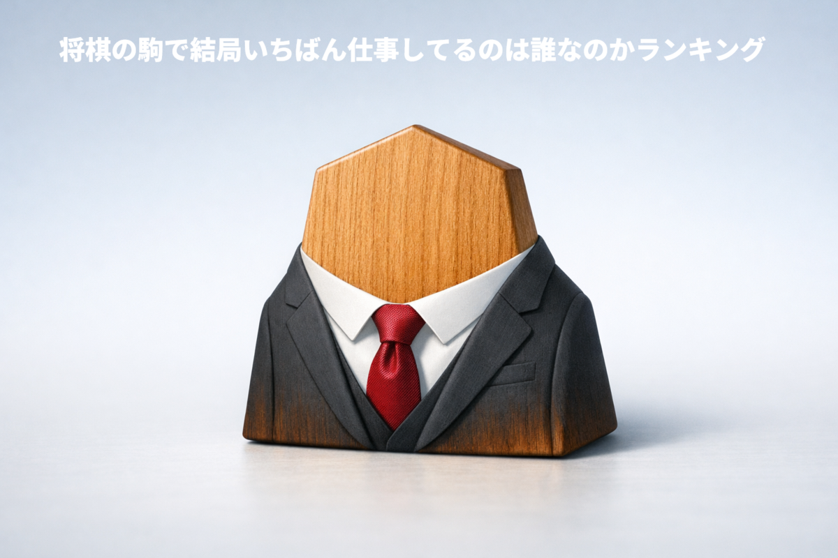 スーツとネクタイを身につけた将棋駒をモチーフに、将棋の駒が一生懸命働いているイメージを表現したブログ用アイキャッチ画像