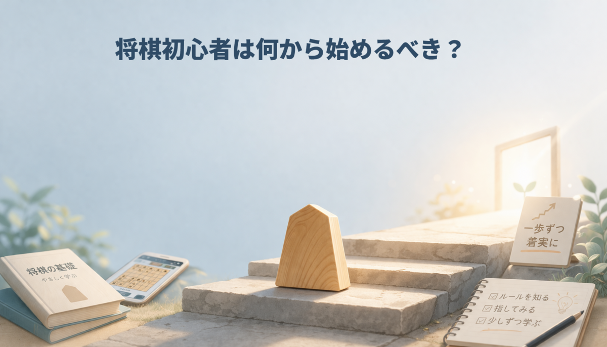 将棋初心者が独学で始める最初の一歩をイメージしたアイキャッチ画像。木製の将棋駒が階段の1段目に置かれ、周囲に本やノート、スマホが並んでいる