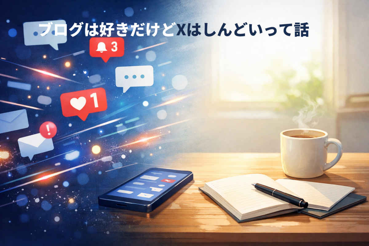 SNSの騒がしさから少し距離を置き、静かな机でノートとコーヒーに向かう様子を描いたアイキャッチ画像
