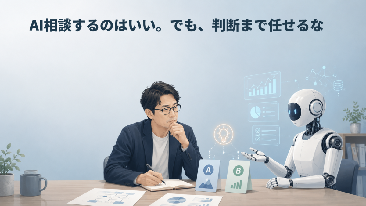 AIロボットに相談しながら考える眼鏡の男性