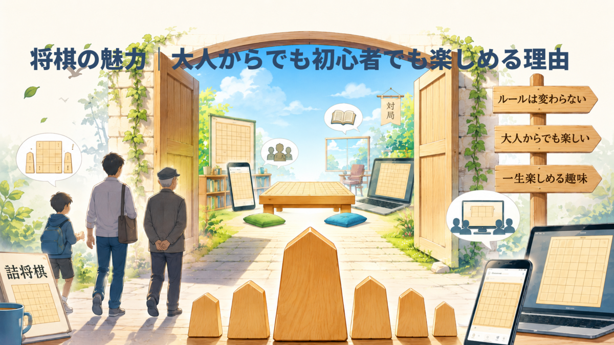 子どもから大人まで将棋の入口に向かう明るいアイキャッチ画像
