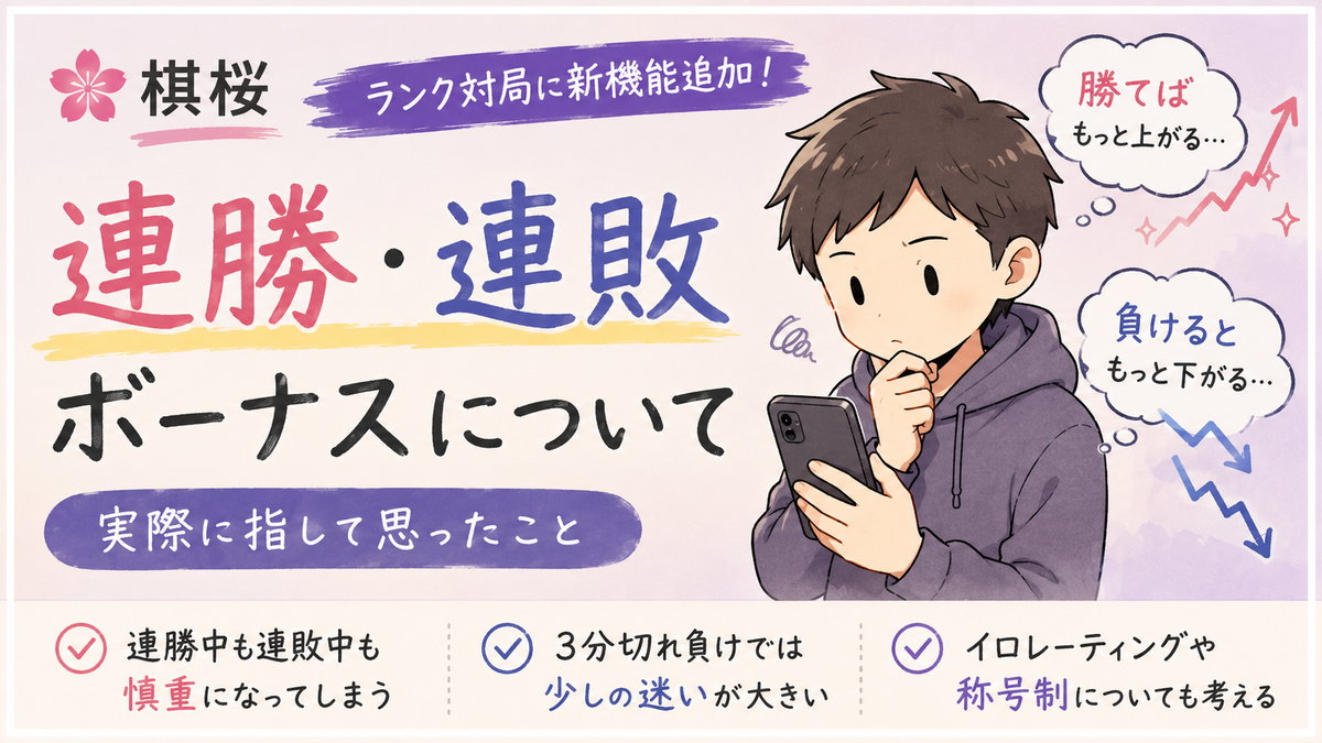 棋桜の連勝・連敗ボーナスを意識しながら、スマートフォンで将棋を指す男性のイラスト