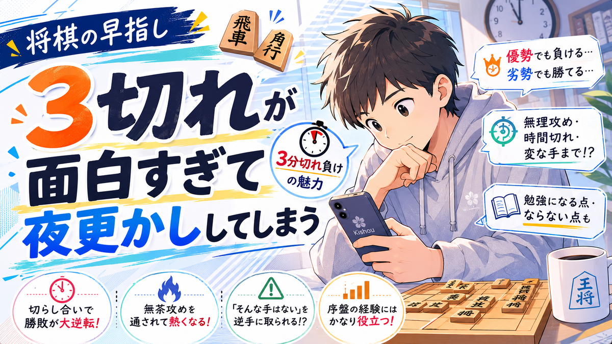 スマートフォンで3分切れ負けを指しながら、時間切れや逆転を楽しむ男性のイラスト