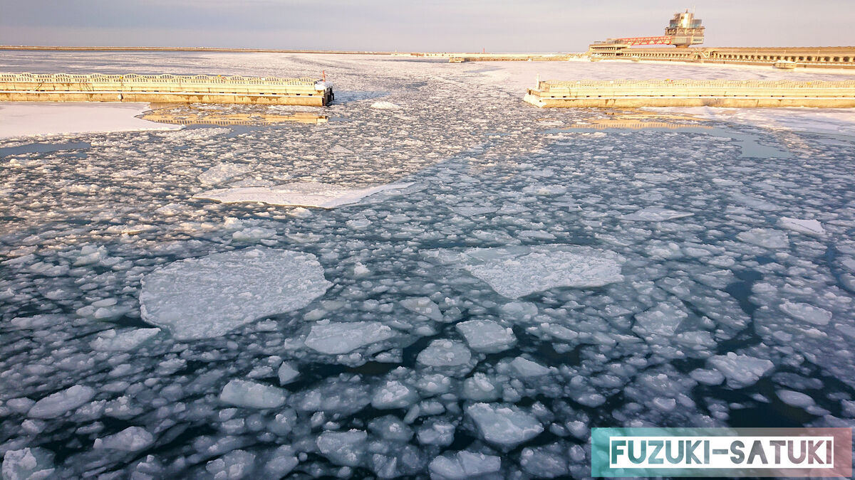 2023年2月の流氷の様子。（ガリンコ号Ⅲ　IMERU乗船にて）ガリンコステーション周辺は、流氷が細かく小さいのが分かる。