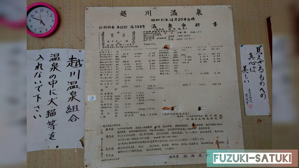 北海道斜里郡斜里町富士150-1に位置する、地元民が守り続ける浴場「越川温泉」の温泉分析書。昭和52年2月8日のもの。当時は弱食塩泉、温度54度、pH7.3と表記されている。