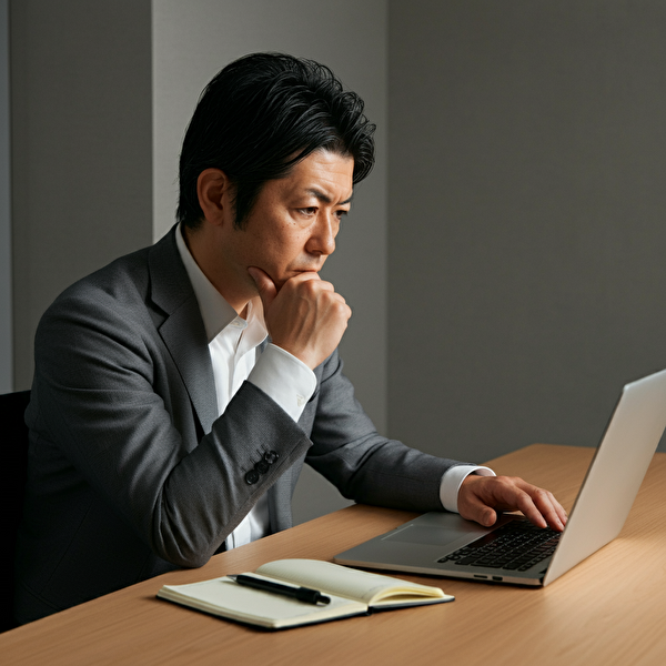 スキャルピング取引で口座凍結を避けるための対策を検討する40代の日本人男性、取引画面を真剣に見つめる