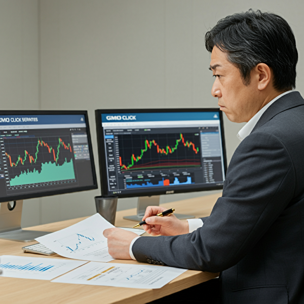 他社と比較してGMOクリック証券の特徴と限界を分析する40代の日本人男性、取引画面と資料を見比べる