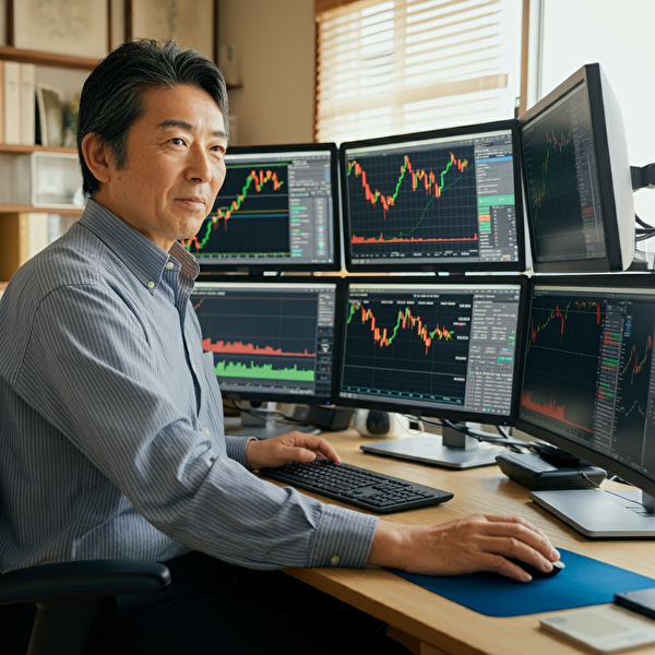 スキャルピングで勝つための環境を整える40代の日本人男性、複数のモニターと取引画面を操作する姿