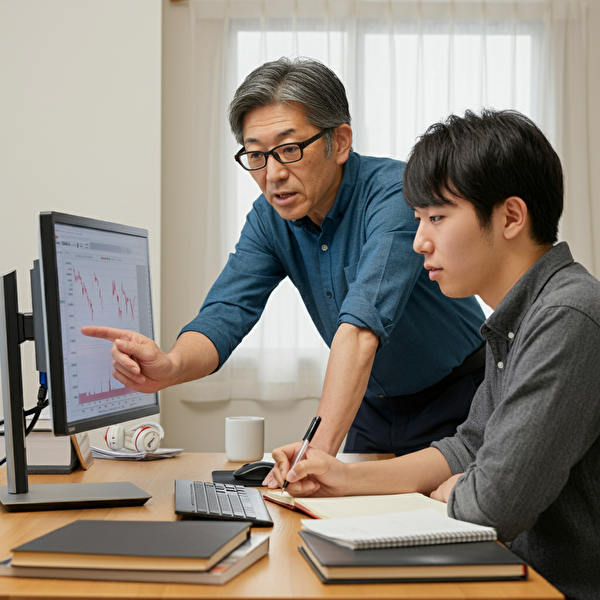 初心者にスキャルピングのステップを教える40代の日本人男性、取引チャートを指して説明する姿