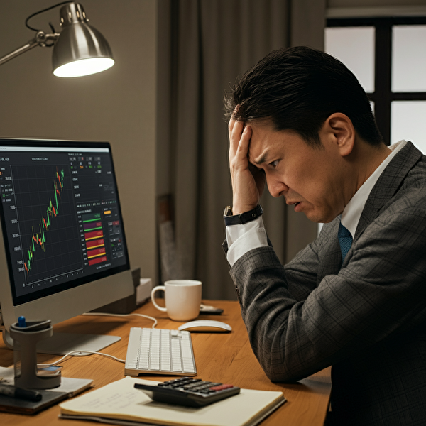スキャルピングの失敗に直面し対策を考える40代の日本人男性、取引結果を確認する姿