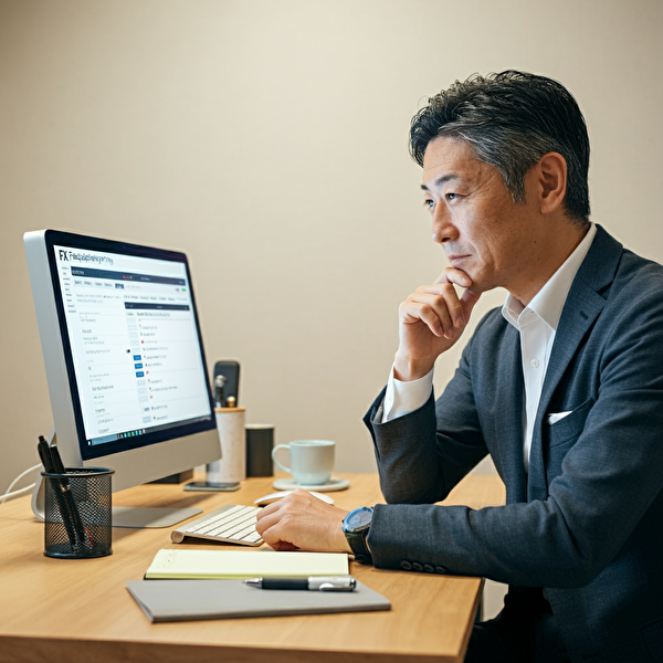 FXスキャルピングに関するよくある質問に答える40代の日本人男性、取引チャートと質問リストを見る姿