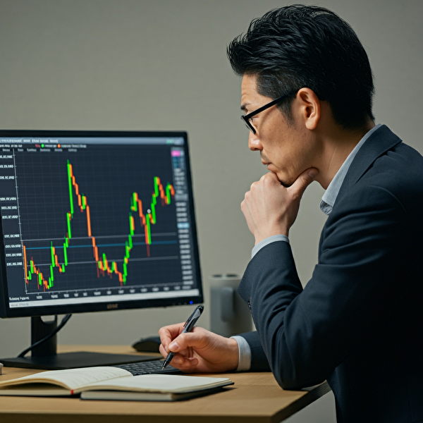 移動平均線だけで勝てるのかと考える40代の日本人男性トレーダーがパソコンでFXチャートを分析している写真