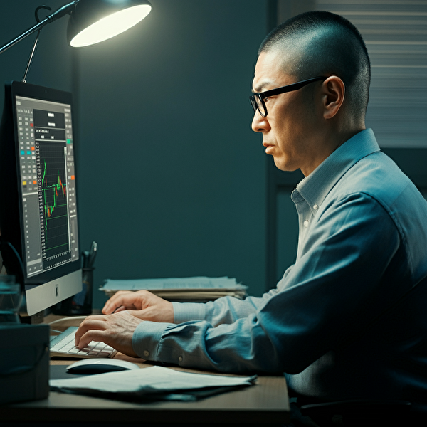 40代日本人男性がデスクでトレード管理を行っている実践的なFXトレード管理の方法