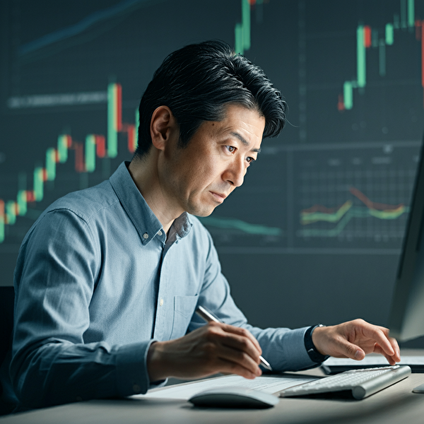 より確実に勝つためのステップアップ法を実践する40代の日本人男性がトレードの分析を行う姿