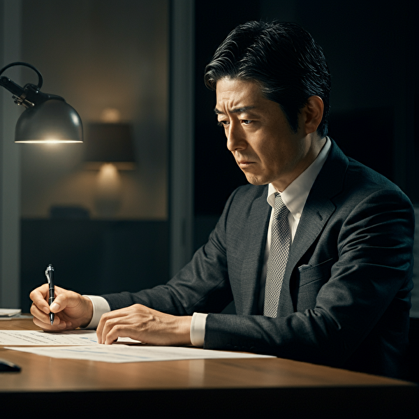 FXトレードにおけるよくある失敗と対処法を考える40代日本人男性、デスクでチャートを分析中