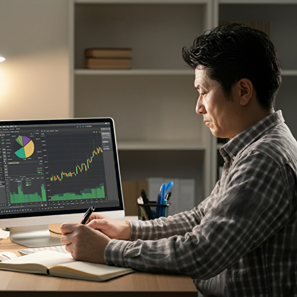 40代の日本人男性がデスクでFXの過去検証を行っている様子。ノートパソコンとチャートが背景に見えるプロフェッショナルな雰囲気。
