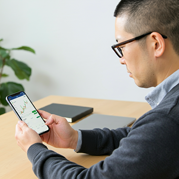 スマートフォンでMT4インジケーターを利用する40代の日本人男性が、モバイル取引アプリを操作している様子。プロフェッショナルな環境で分析に集中している。