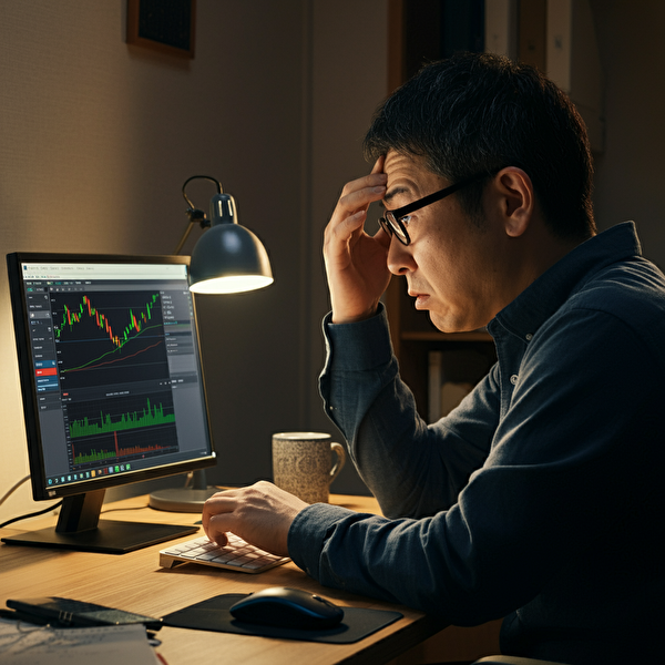 よくあるトラブルと解決方法を考える40代日本人男性が、取引プラットフォームを使って自宅オフィスで問題を解決しようとしている様子。