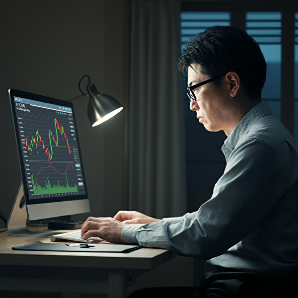 スワップ3倍デーについて学ぶ40代日本人男性がデスクでFX取引のデータを分析している画像