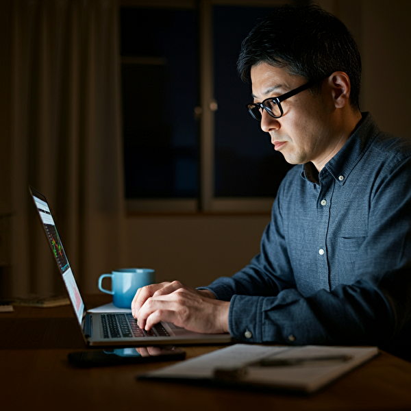 スワップ3倍デーの取引戦略を練る40代日本人男性が深夜に自宅オフィスでチャートを分析している様子