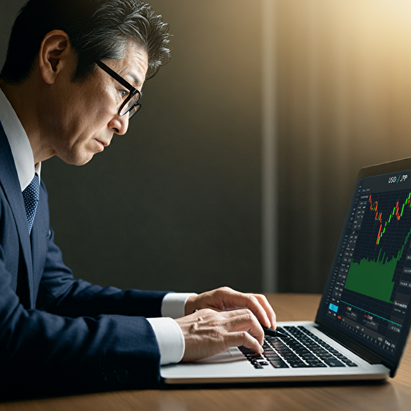 USD/JPYとAUD/JPYの通貨ペアのトレンドを分析する40代日本人男性
