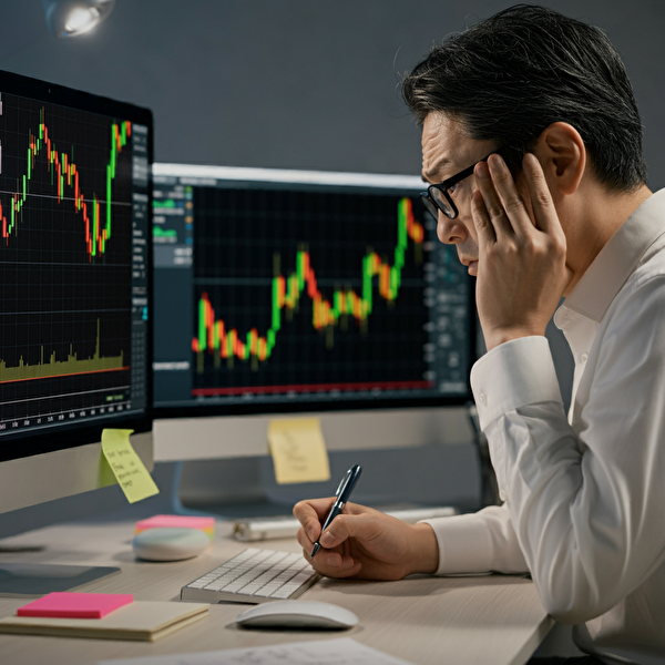 スワップ3倍デーの失敗と対策を考える40代日本人男性、オフィスで為替チャートを分析する様子。