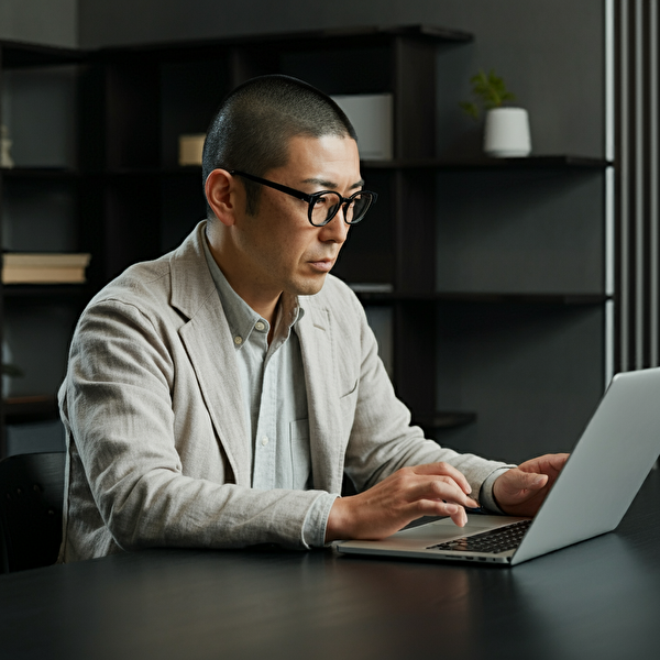 長期的な収益化のためにデータ分析を行う40代の日本人男性。ビジネスカジュアルの服装でノートパソコンを使用し、投資戦略のグラフやチャートを確認している。