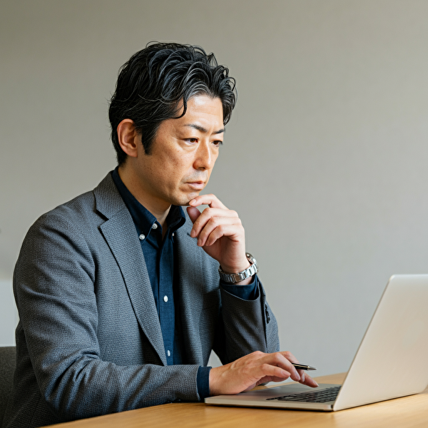 40代日本人男性がモダンなオフィスでリスク管理のために金融データを分析している姿