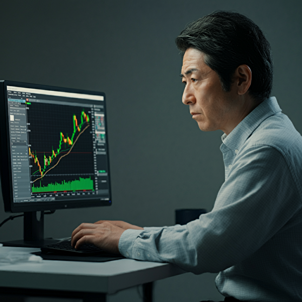 スキャルピングの損切り手法を学ぶ40代日本人男性が、取引チャートを分析している様子
