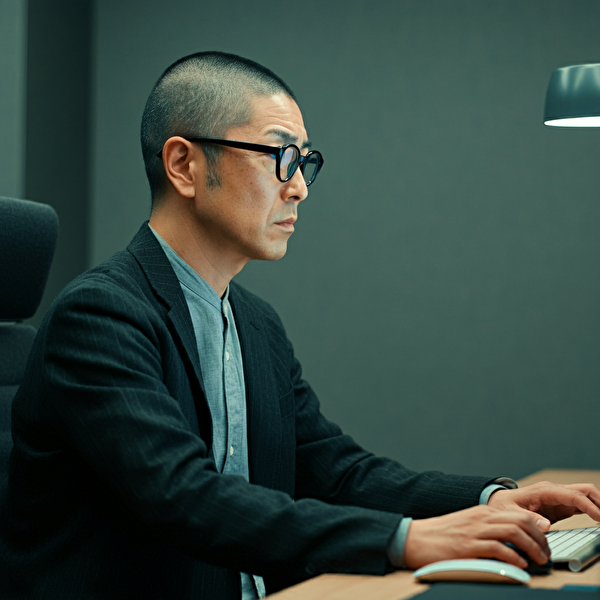 40代の日本人男性がデスクで金融チャートを見ながら集中している様子。メンタル面での損切り実行に関するテーマを表現。
