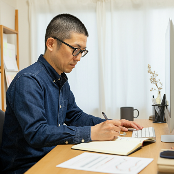 40代日本人男性が清潔で整理されたデスクで取引記録を振り返り、改善を目指す様子。モダンなホームオフィスで、パソコンやノート、取引チャートが見える。