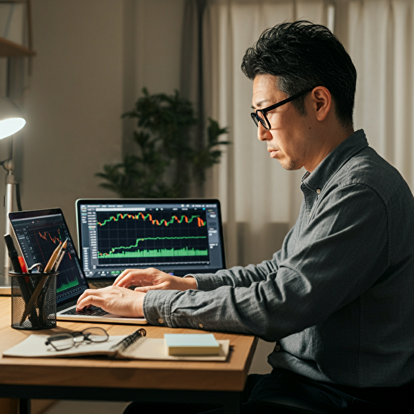 FXで生活するために必要な3つの要素を学ぶ40代日本人男性、家庭用オフィスでトレーディング作業中
