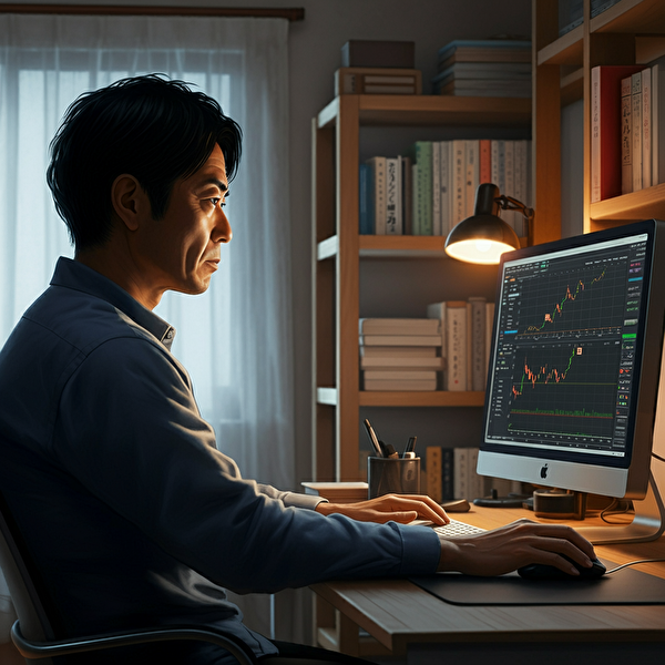 専業トレーダーの段階的なアプローチを示す40代日本人男性が自宅オフィスでトレード作業をしている様子