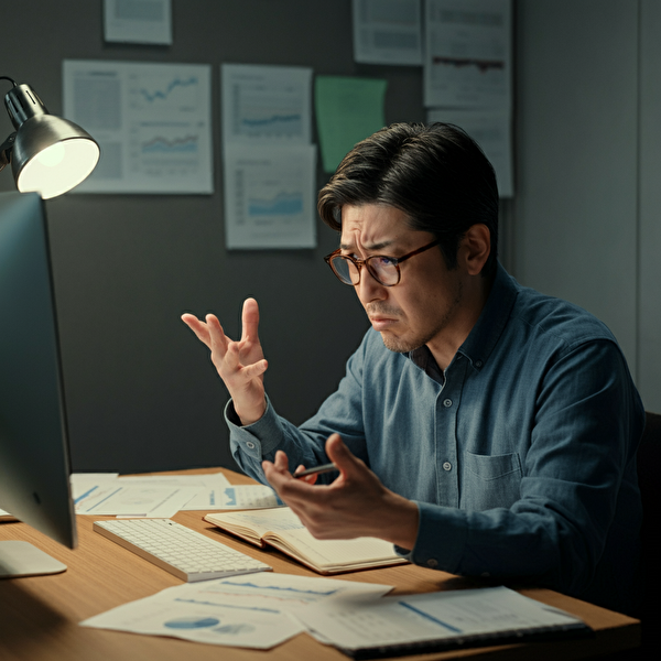 FX取引における失敗と対策を考える40代日本人男性。パソコン画面で金融チャートを確認しながら悩む様子。