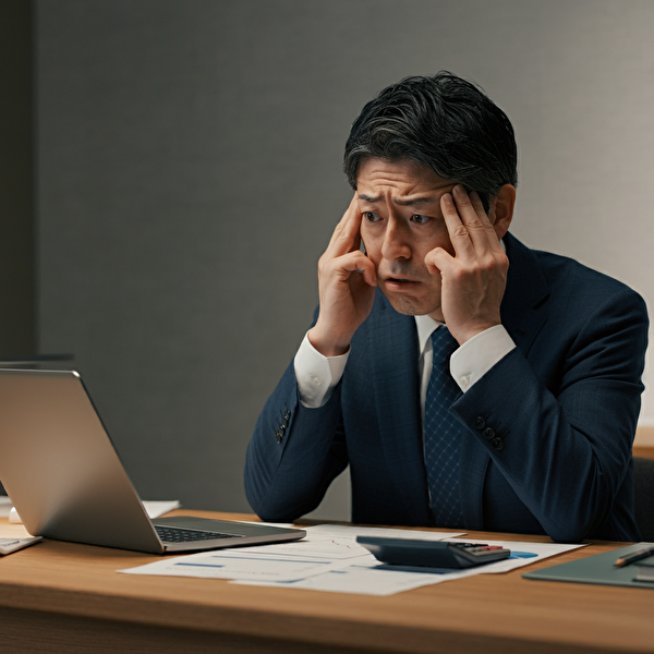 FXの両建てによる現実的なデメリットを検討する40代日本人男性がオフィスでパソコンを使いながら金融資料を確認している様子