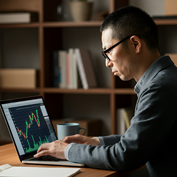両建て取引の賢い使い方を学ぶ40代の日本人男性が、ノートパソコンで金融チャートを分析している写真。
