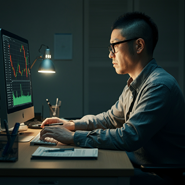 FXのリスク管理と両建ての活用法を考える40代日本人男性の写真