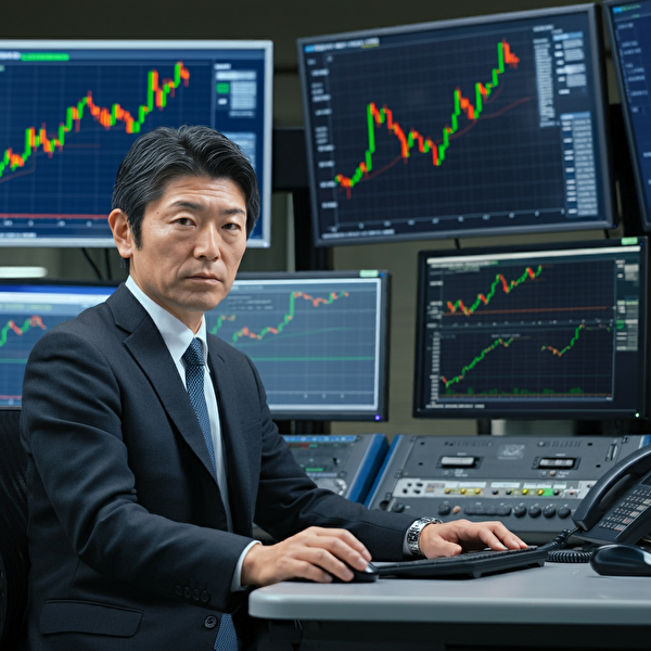 ライントレードを分析中の40代日本人男性、複数のスクリーンに価格チャートが表示されたトレーディングルームの様子