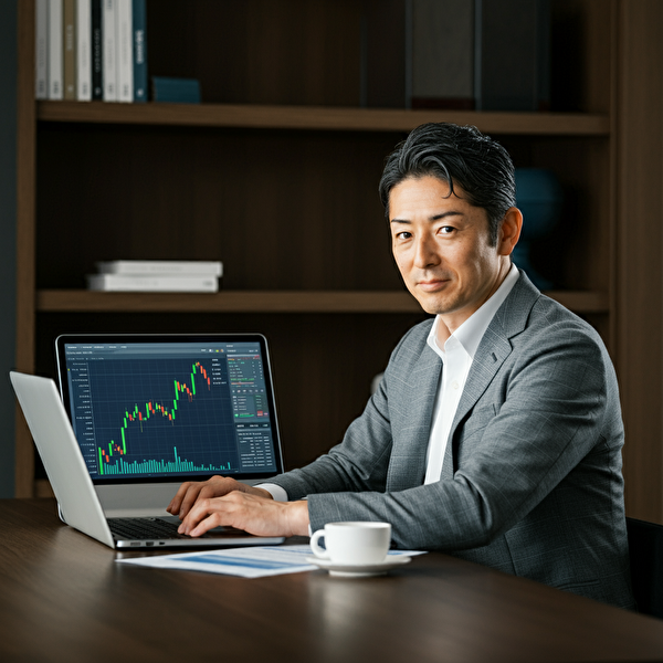 勝率を上げるための実践テクニックを学ぶ40代日本人男性、トレーディングチャートを分析する姿