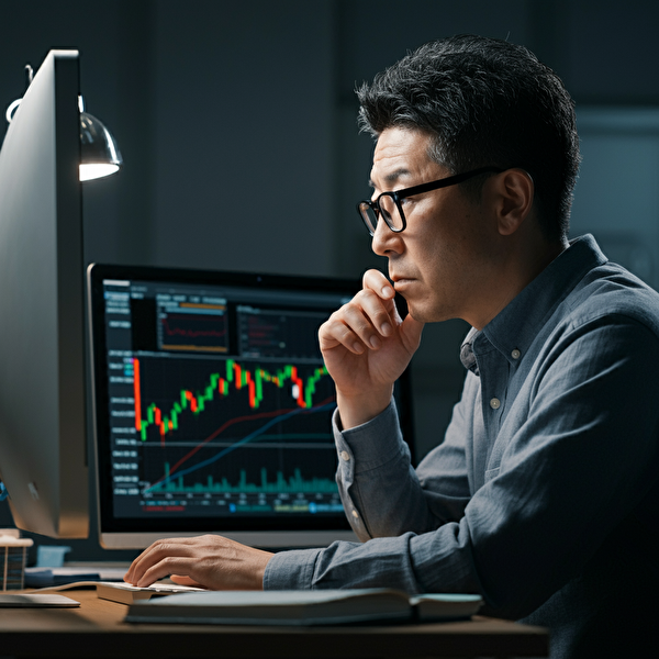 ライントレードでよくある失敗とその対策を考える40代日本人男性がパソコンでチャートを分析している様子