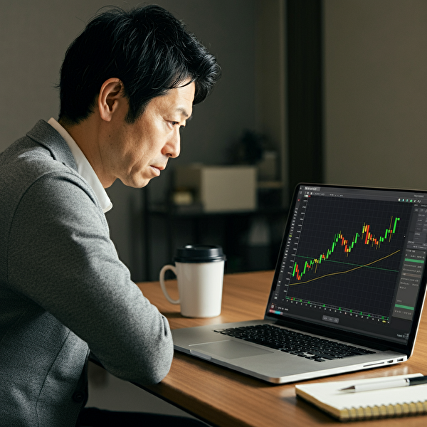 実践的なトレード事例研究をテーマにした40代日本人男性がトレーディングチャートを分析する様子