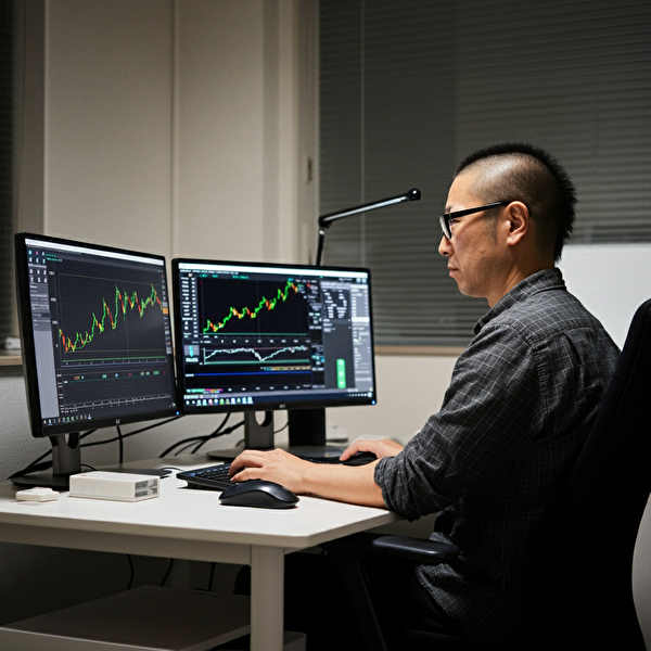 スキャルピングに最適な取引環境を整えた40代日本人男性のオフィスデスク