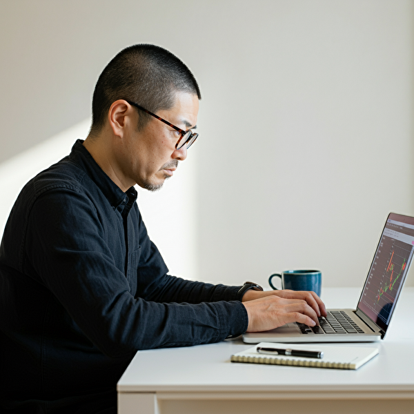 成功のためのポイントを考える40代の日本人男性がトレード環境で集中する様子