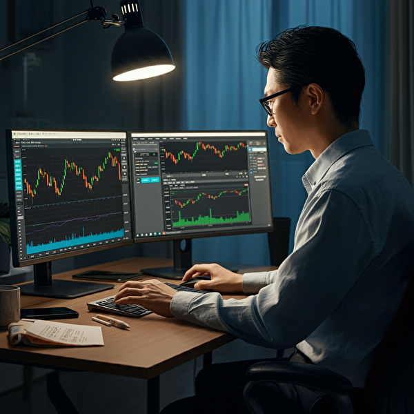 40代の日本人男性が家庭のオフィスで取引時間帯と通貨ペアを分析中の様子。USD/JPYのチャートとATR指標が表示されたデュアルモニターを使用。